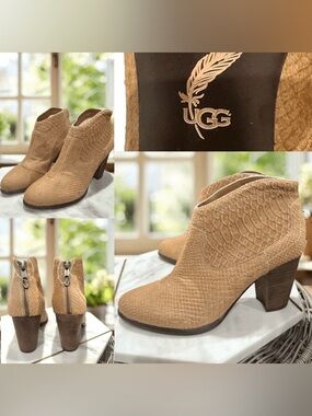 UGG Tan calf Hair  Charlotte embossed Textured Ankle Bootie boots size 8 NWOT
